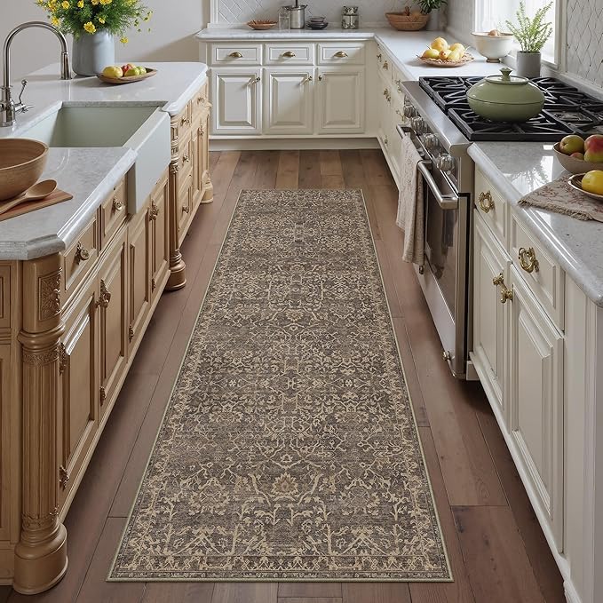HUGEAR 2'6''x8 Runner Rug Machine Washable Retro Brown Hallway Area Rug Indoor Vintage Rugs Floral Low Pile Carpet Soft Throw Rugs Bedroom Living Room Office Dining Kitchen Laundry Non Slip