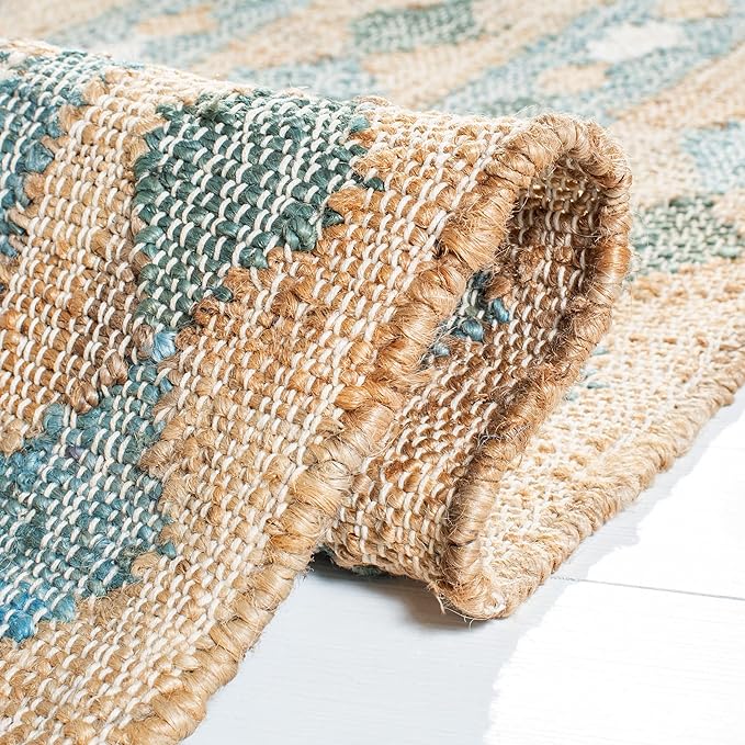 SAFAVIEH Area Rug 8x10 - Kilim Collection - Large - Natural & Blue, Flat Weave Jute, Ideal for Living Room, Bedroom, Office, Dining Space (KLM759M)