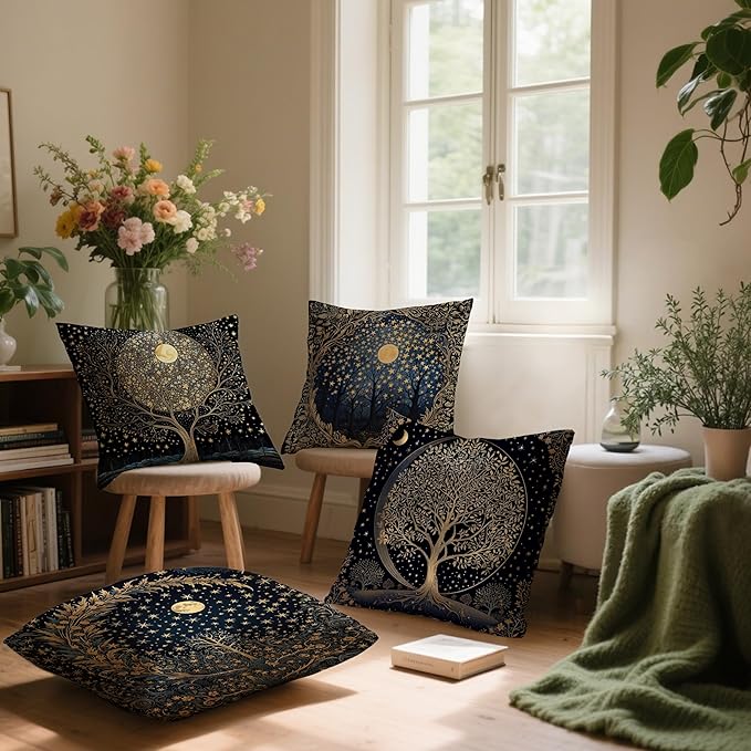 Vintage Dark William Morris Moon Night Forest Decor Pillow Covers 18x18 Set of 4,Black Forest Decor,Dark Dcademia Floral Decorative Throw Pillow Covers for Home Bedroom Living Room