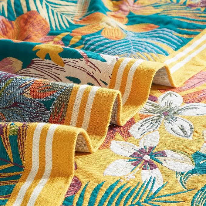 Boho Throw Blanket for Bed 90”x98”, 100% Cotton Woven Blanket for Couch Sofa, Ultra Soft 4-Layer Muslin Quilt with Floral Printed, Farmhouse Bed Blanket/Cover for Living Room Decor