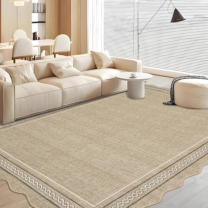 Garvee Washable Area Rugs 9x12 Living Room Rug Scalloped Printed Non Slip Soft Bedroom Rugs Low Pile Foldable Large Rug Stain Resistant Carpet for Nursery Dining Room Classroom, Jute Color