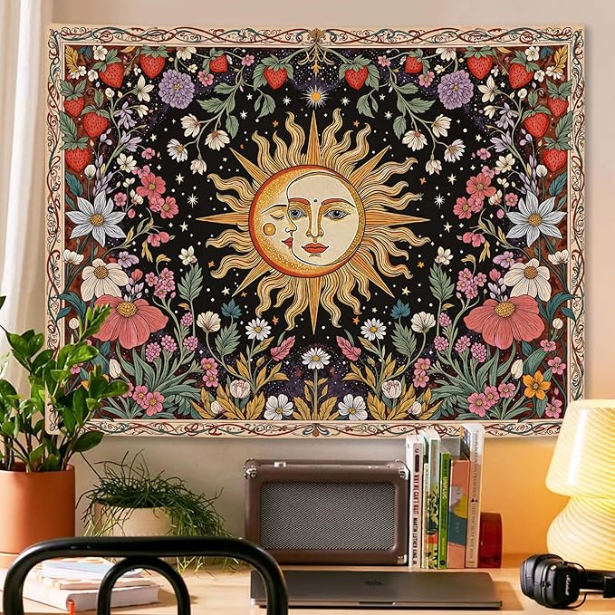 Accnicc Sun and Moon Tapestry Boho Vintage Floral Wall Tapestry for Bedroom Aesthetic Hippie Celestial Botanical Colorful Plant Large Tapestries Wall Hanging for Living Room Dorm 80 x 60 Inch