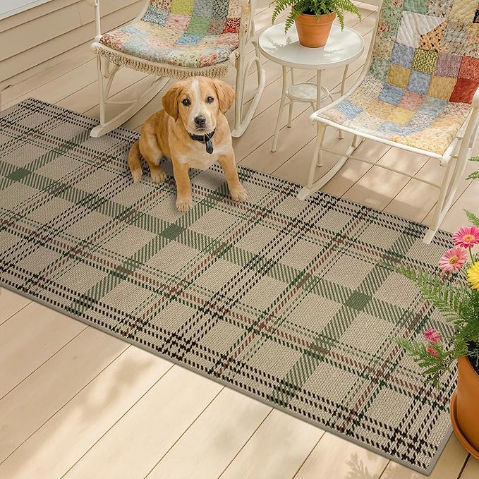 Kitchen Runners Non Skid Washable 6ft - Farmhouse 2x6 Jute Runner Rug for Hallway, Washable Outdoor Carpet for Entryway Indoor, Non Slip Woven Green Plaid Decor