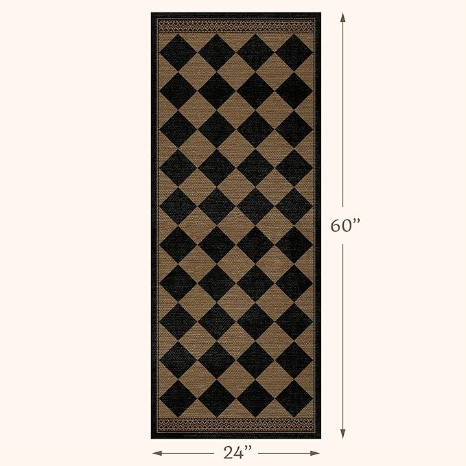 Brown and Black Easy Jute Runner Rug 2x5 for Laundry Room, Non Skid Washable Checkered Entryway Runner Rug, Boho Low Pile Diamond Carpet for Kitchen, Bathroom, Scandinavian Minimalist Style