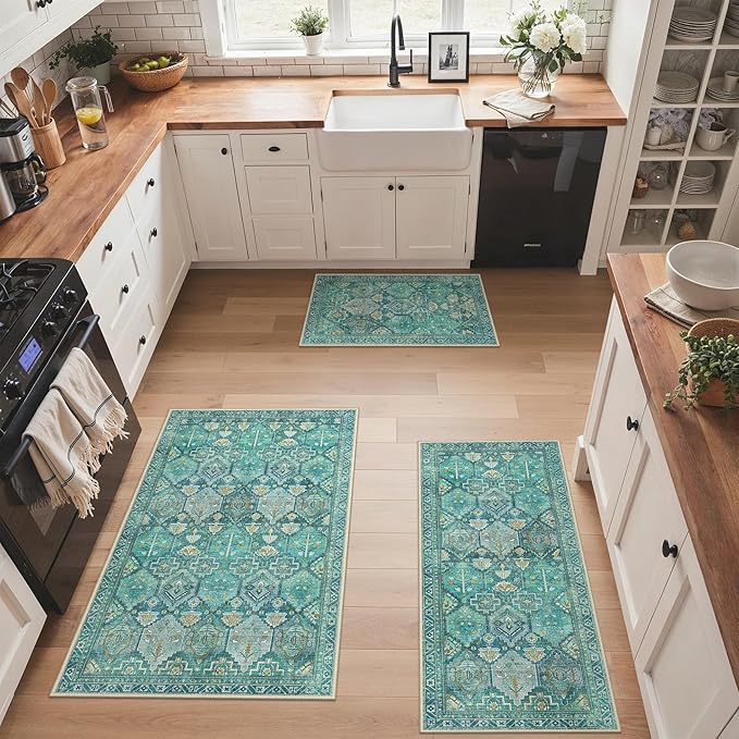 GENIMO Kitchen Mats for Floor Set of 3 Non-Slip Washable, Waterproof Lightweight Kitchen Rugs, Kitchen Floor Mat Runner Rug Carpet for Laundry, Sink, Hallway, Bathroom, Entryway, Dark Green