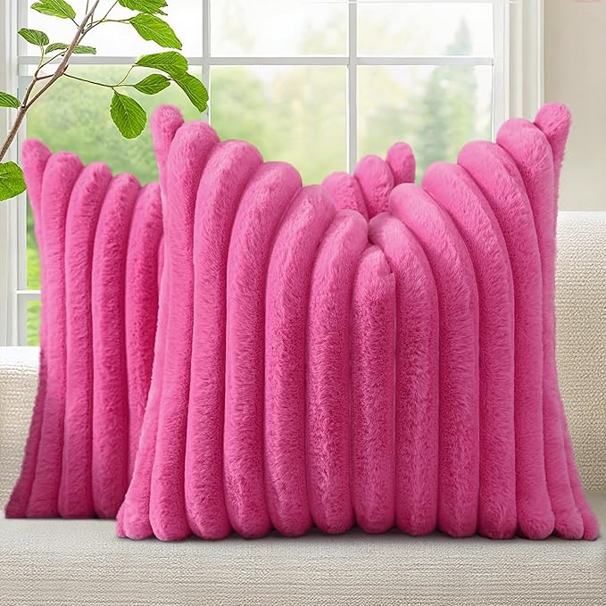 decorUhome Summer Cozy Faux Fur Throw Pillow Covers 22x22 Set of 2 Decorative Soft Plush Striped Modern Farmhouse Boho Couch Euro Sham Pillow Cases with Velvet Back for Sofa Bed Living Room, Hot Pink