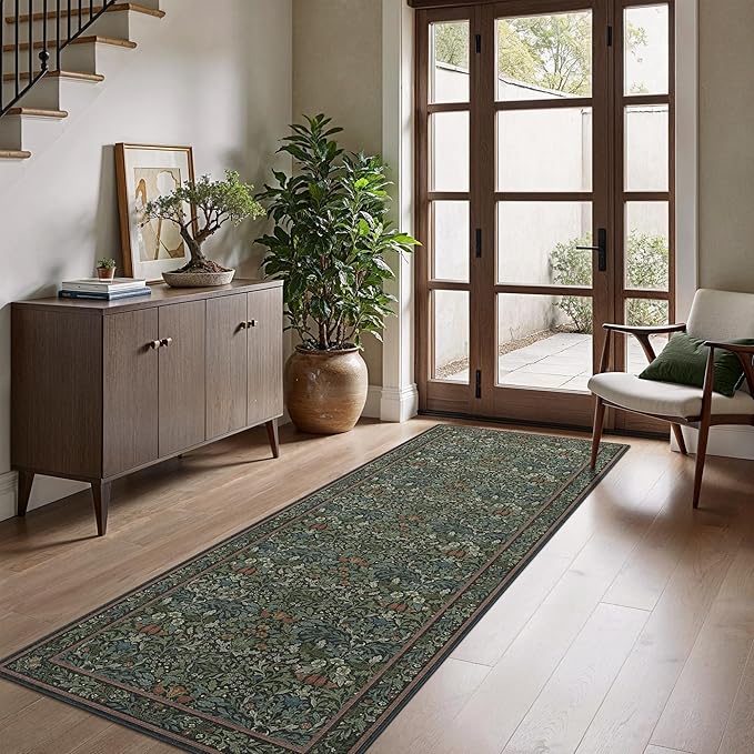 GENIMO Washable Floral Runner Rug 2’6”x7’, Non-Slip Long Hallway Carpet for Entryway, Kitchen, Indoor Floor Use, Vintage Boho Soft Thin Rug Décor, Dark Green