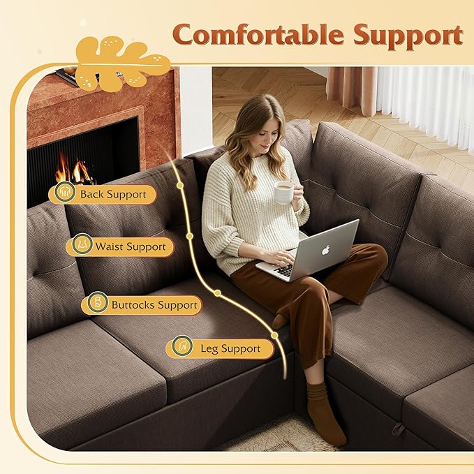 WLIVE 110'' Sectional Couches for Living Room, Pull Out Couch, U Shape 7 Seat Sleeper Sofa with Storage Chaise and Pillows, Removable Sofa Cover, Cups Holders, USB Charging Station, Brown