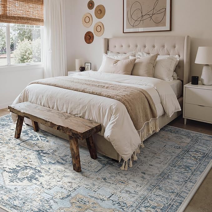GENIMO 4x6 Area Rugs for Living Room, Machine Washable Rug, Non Slip Vintage Rugs, Low Pile Lightweight Chenille Print Rug for Bedroom, Dining Room, Home Office, Blue