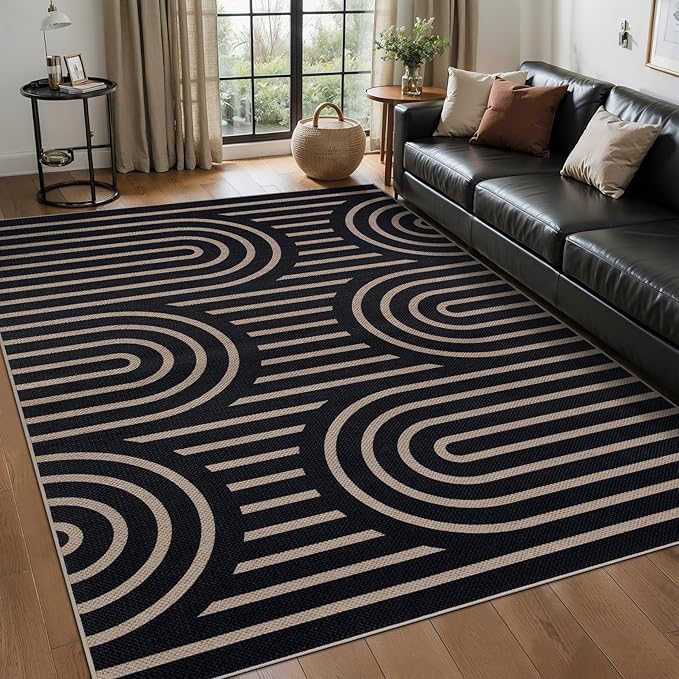 Tangsoo Modern Easy Jute Rug 5x7 Large Washable Area Rugs for Dining Room Table,Non-Slip Thin Black Indoor Outdoor Rug,Farmhouse Natural Throw Mat for Living Room Backyard Patio Office Home Decor