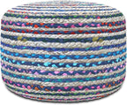 SIMPLIHOME Margo Round Pouf - 20 inch Wide Handwoven Jute and Cotton Braided Ottoman in Blue, Boho-Style Footstool or Extra Seating for Living Room or Bedroom with Polystyrene Bead Filling, Assembled