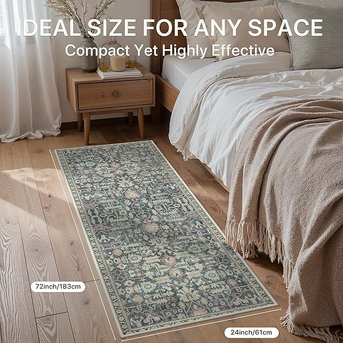 Bavni 2X6 Rug Runners for Hallways, Washable Runner Rug Non Slip, Vintage Floral Print Style Rugs for Bedroom-Lightweight Low Pile Carpet for Kitchen Bathroom,Green/Blue