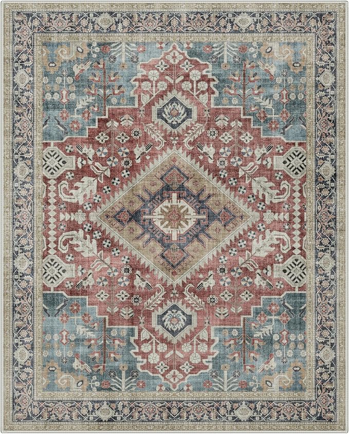 GENIMO 8X10 Washable Vintage Area Rugs for Living Room, Non-Slip Low Pile Chenille Print Rug, Soft Rugs for Bedroom Dining Room Home Office, Indigo & Flush