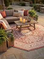Rugs.com Outdoor Aztec Collection Rug – 5 Ft Octagon Rust Red Flatweave Rug Perfect for Living Rooms, Kitchens, Entryways