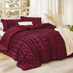 Bedsure Tufted Boho Comforter Set Queen Size - Burgundy Boho Bed Set, GentleSoft™ 3 Pieces Farmhouse Shabby Chic Embroidery Bedding, Gifts for Woman, Soft Jacquard Queen Comforter for All Seasons