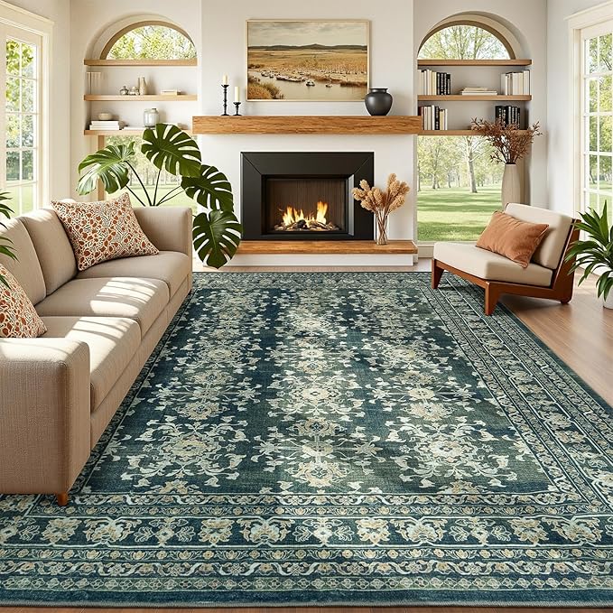 Lessymo 9x12 Area Rugs for Living Room, Machine Washable Non Slip Large Rug, Soft Low Pile Carpet for Bedroom Dining Office, Vintage Dark Green Distressed Floral Floor Decor
