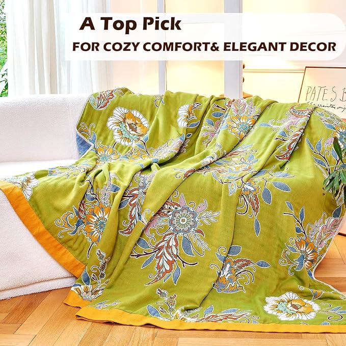 Boho Throw Blanket 50" x 60", 100% Organic Cotton Breathable Ultra Soft Bed Quilt Throw - All Season Luxury Floral Farmhouse Decor Blanket for Sofa Couch Chair and Gift. Green/Blue