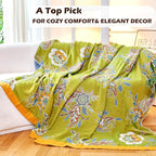 Boho Throw Blanket, 100% Organic Cotton Breathable Ultra Soft Bed Quilt Throw - All Season Luxury Floral Farmhouse Decor Blanket for Sofa Couch Chair and Gift. 91" x 98"-Green/Blue