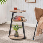 BEWISHOME Round End Table Side Table with Metal Frame, Accent Table Nightstand Bedside Table with 3-Tier Shelves, Small Couch Coffee Table for Living Room Bedroom Greige KTZ41G