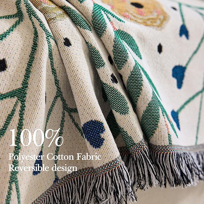Boho Throw Blanket, 100% Handwoven Cotton Southwestern Farmhouse Floral Decor Reversible Blanket, All Season Throw for Sofa Bed Tapestry Outdoor Camping Picnic. 71″×91″