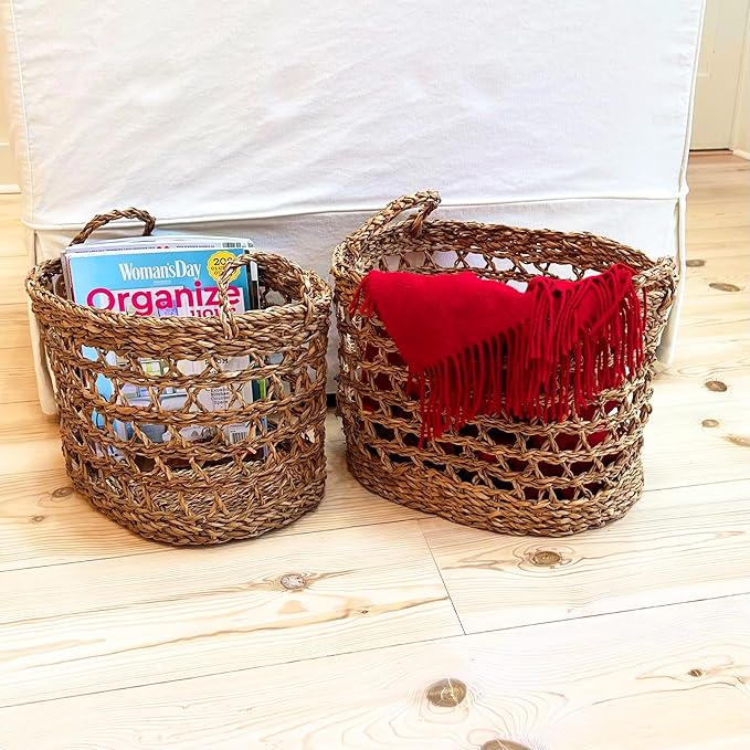 WHW Whole House Worlds Made by Nature Seagrass Baskets, Set of 2 Ovals, Handwoven Open Weave, Handles, 15.75 and 14.25 Inches