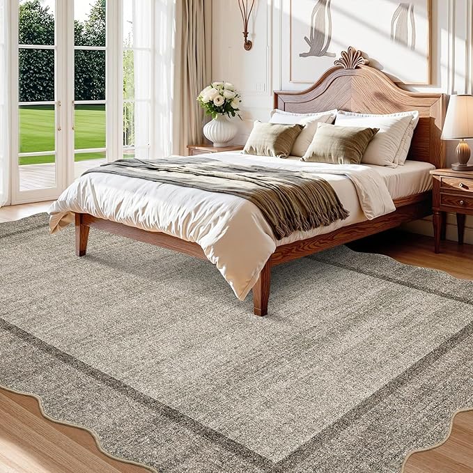 GarveeHome Scalloped Washable Rug 9x12 Area Rug for Living Room Modern Bedroom Rug Brown Large Area Rug Non Slip Throw Rugs Soft Low Pile Stain Resistant Carpet for Dorm Nursery Dining Room 9'x12'