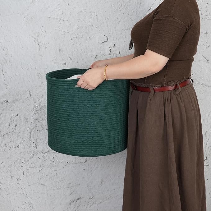 Cotton Rope Basket For Girls Boys Kids 16”X14” Baby Laundry Basket Nursery Bin Round Woven Baskets Organizer For Storage Toys Blankets Shoes Clothes dark green