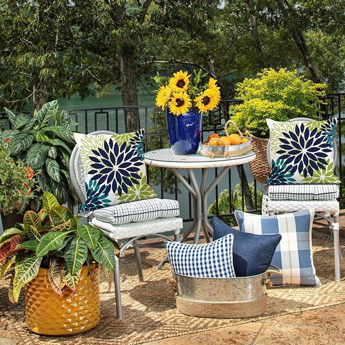 DFXSZ Navy Blue Flower Pillow Covers 18x18 Inch Set of 2 White Gray Colored Throw Pillows Outdoor Waterproof Decor for Living Room Sofa Patio Funiture Garden Floral Polyester Pillow Covers 002P18