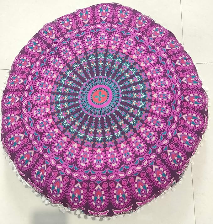 INDIAN CRAFT CASTLE 24" Pink Peacock Mandala Barmeri Large Floor Pillow Cover Cushion Meditation Seating Ottoman Throw Cover Hippie Decorative Zipped Bohemian Pouf Ottoman Pom Pom Cases 24" Round