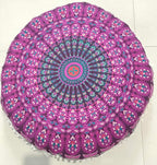 INDIAN CRAFT CASTLE 24" Pink Peacock Mandala Barmeri Large Floor Pillow Cover Cushion Meditation Seating Ottoman Throw Cover Hippie Decorative Zipped Bohemian Pouf Ottoman Pom Pom Cases 24" Round