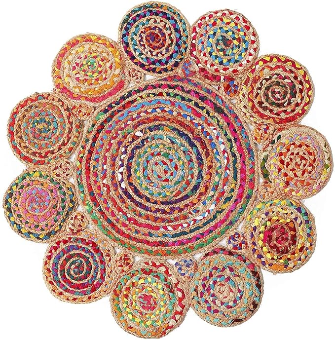 Jute Cotton Braided Boho Area Rug, 2' Round - Natural, Handmade, Hand Woven Farmhouse Reversible Rugs for Living Room, Kitchen, Bedroom, Hallway, Entryway - 2 Feet Round Multicolor