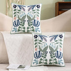 Tosleo Embroidered Pillow Covers 18x18 Pack of 2 Green and Navy Blue Leaves with Birds Embroidered Throw Pillow Covers Floral Tufted Pillowcases Spring Summer Decorative Coastal Pillow Cushion Cases