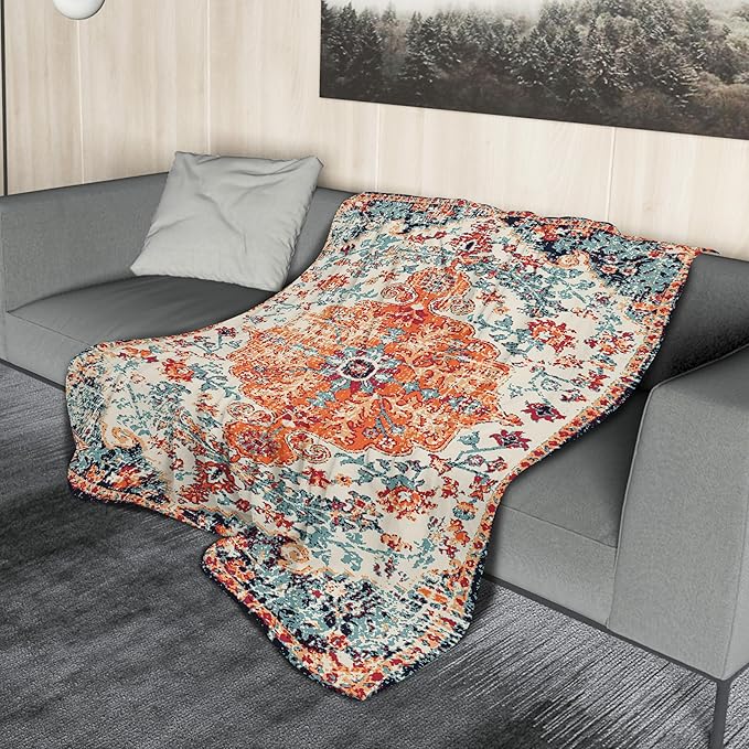 Orange Blue Boho Blanket Soft Flannel Lightweight Rust Teal Bohemian Throw Blanket Cozy Warm Vintage Aztec Carpet Blankets All Seasons Living Room Decor for Couch Chair Bed Sofa Office 60x80 inch