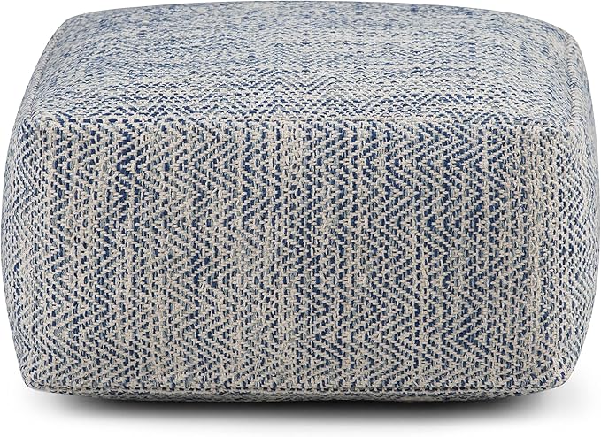 SIMPLIHOME Nate Square Pouf - 20 inch Wide Upholstered Handwoven Cotton Ottoman in Patterned Denim Melange, Boho Footstool or Extra Seating for Living Room with Artisanal Texture, Assembled