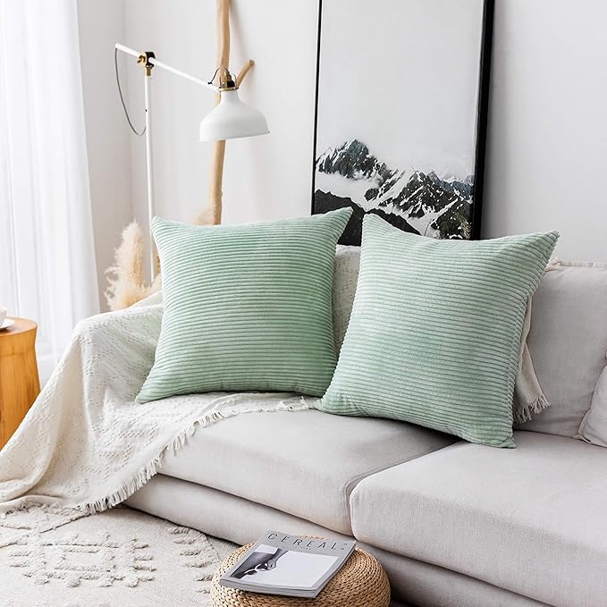 Home Brilliant Green Throw Pillow Cover 24x24 Set of 2 Spring Euro Shams Super Soft Striped Velvet Large Cushion Cover for Living Room Sage Green St Patricks Day Decor, 24 x 24 inch, Mint
