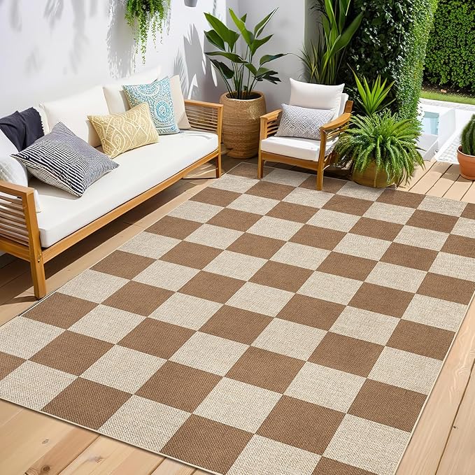 GarveeHome Easy Jute 8x10 Area Rugs for Living Room Checkered Rugs Machine Washable Non-Slip Backing Indoor Outdoor Carpets for Farmhouse Dining Room Nursery Patio Brown
