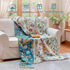 Boho Throw Blanket - 100% Cotton Ultra Soft Muslin Blanket, 50"x60" Lightweight Floral Framhouse Bedding Spring Blanket for Bed, All Season Blue Bohemian Bedroom Home Decor Quilt