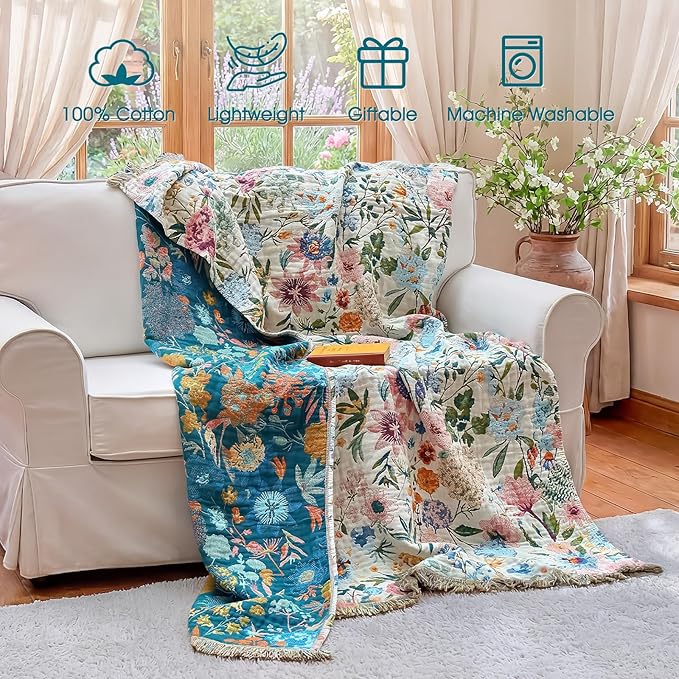 Boho Throw Blanket - 100% Cotton Ultra Soft Muslin Blanket, 50"x60" Lightweight Floral Framhouse Bedding Spring Blanket for Bed, All Season Blue Bohemian Bedroom Home Decor Quilt