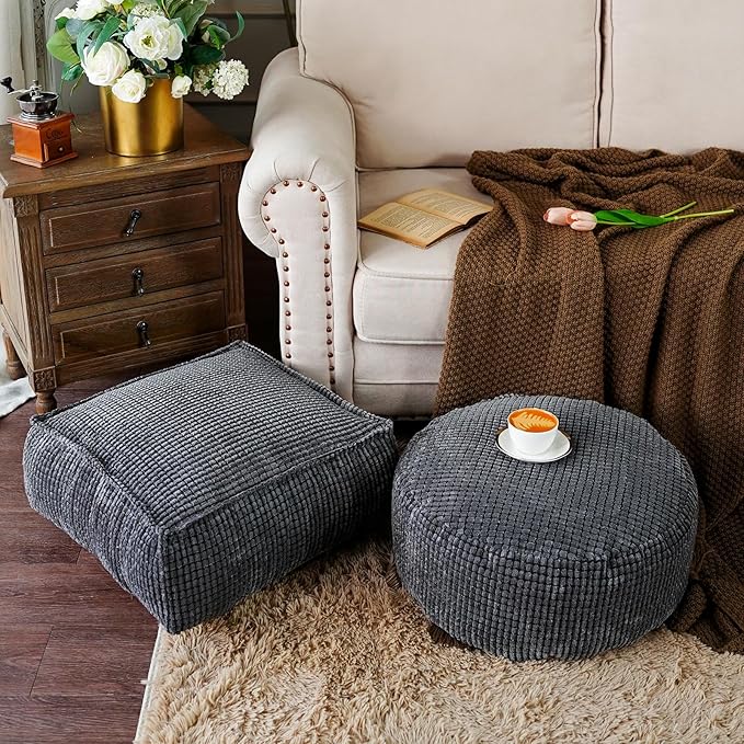 SUTAVIA Pouf Ottoman Cover Unstuffed Pouf Seat Decorative Soft Storage Bean Bag 20x20x8 Inches Square Floor Footrest for Living Room Bedroom (Dark Gray, Square)