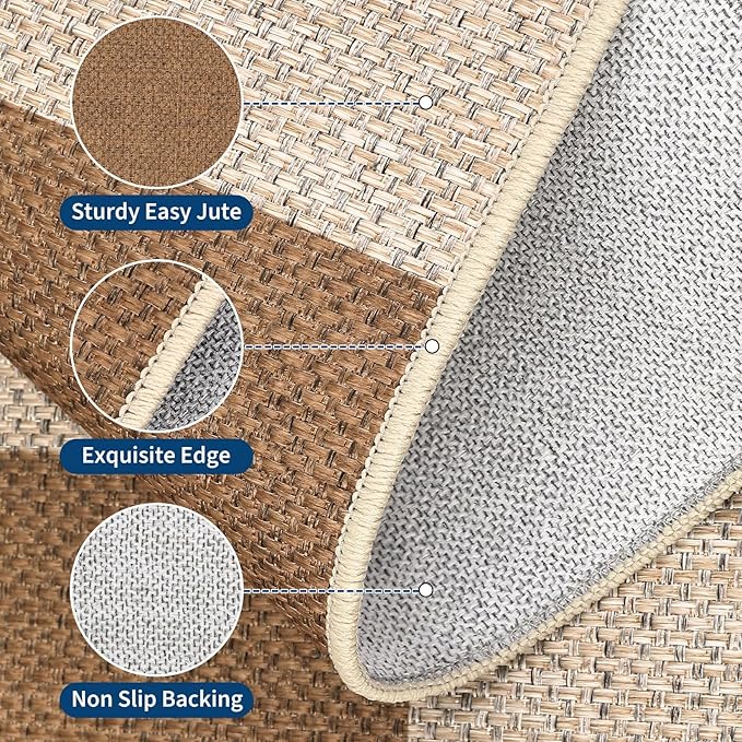 GarveeHome Easy Jute Area Rugs 6x9 for Living Room Non-Slip Backing Checkered Rugs Machine Washable Modern Indoor Outdoor Carpets for Dining Room Nursery Patio Bedroom Backyard Camping Brown