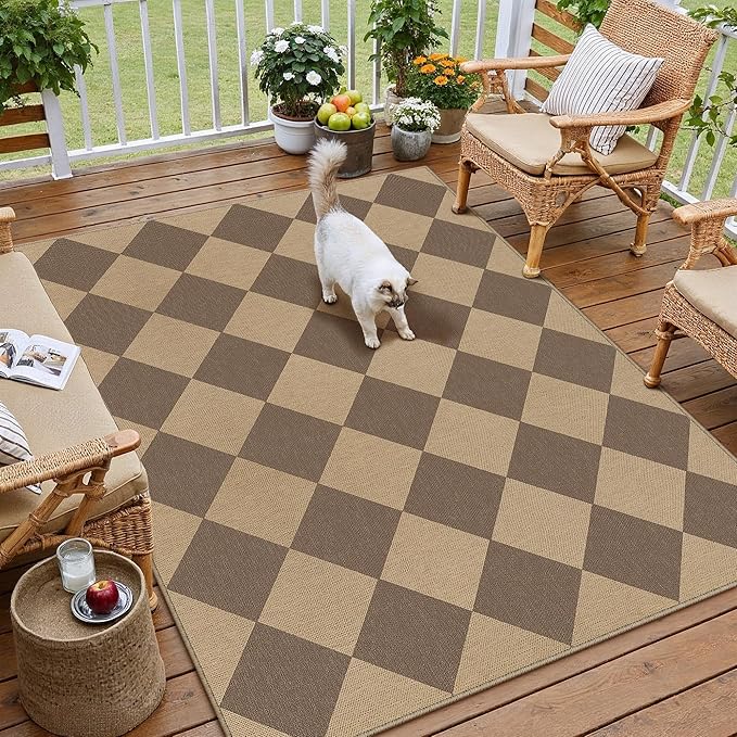 4x6 Checkered Easy Jute Area Rug for Living Room Checkerboard Washable Indoor Outdoor Carpet Farmhouse Patio Office Mat Geometric Non Slip Brown Carpet for Dorm Backyard Dining Room