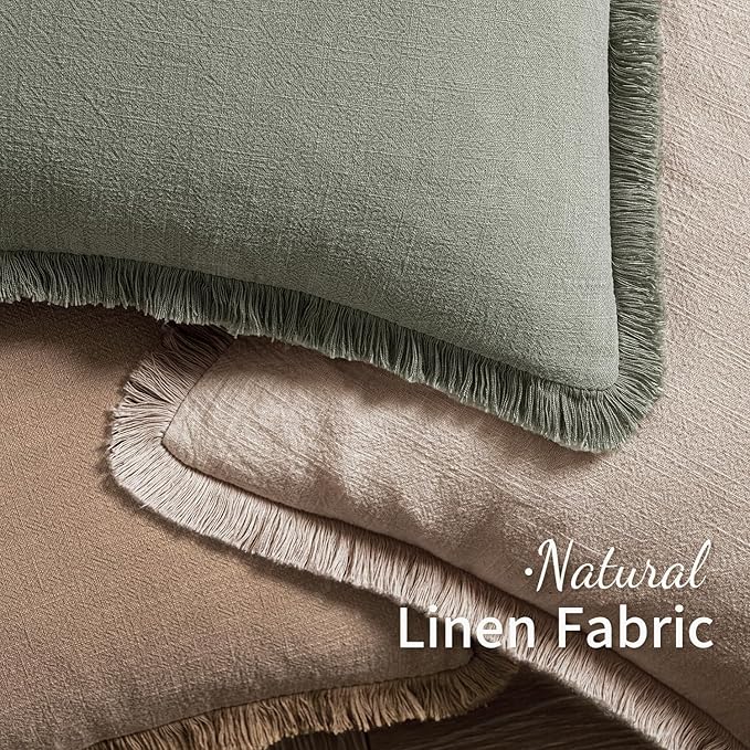 MIULEE Decorative Throw Pillow Covers Neutral Linen Fringe Throw Pillows Set of 2 Natural Linen Boho Farmhouse Cushion Covers with Tassels for Couch Sofa Bed Spring Home Decor 26x26 Inch