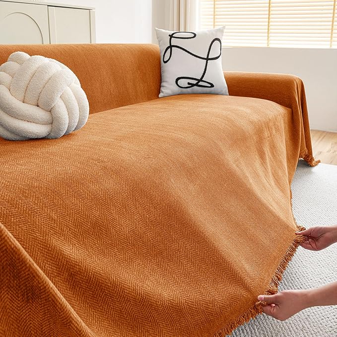 hyha Couch Cover for Dogs, Boho Sofa Covers for 3 Cushion Couch Washable, Chenille Sofa Slipcover for Pets, Soft Loveseat Sectional Couch Throw Blankets with Tassels (Orange, 88.5x118 Inch)