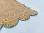 Scalloped Natural Jute Area Rug, Teal Trim, 2'x6'