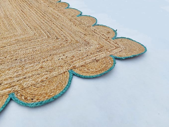Scalloped Natural Jute Area Rug, Teal Trim, 5'x7'