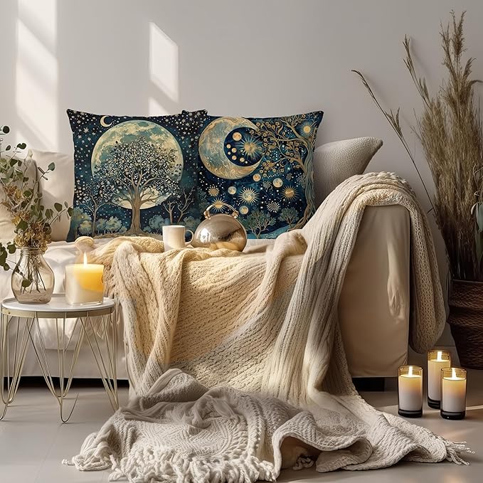 Vintage Dark William Morris Night Moon Forest Decor Pillow Covers 18x18 Set of 2,Black Forest Decor,Dark Dcademia Floral Decorative Throw Pillow Covers for Home Bedroom Living Room