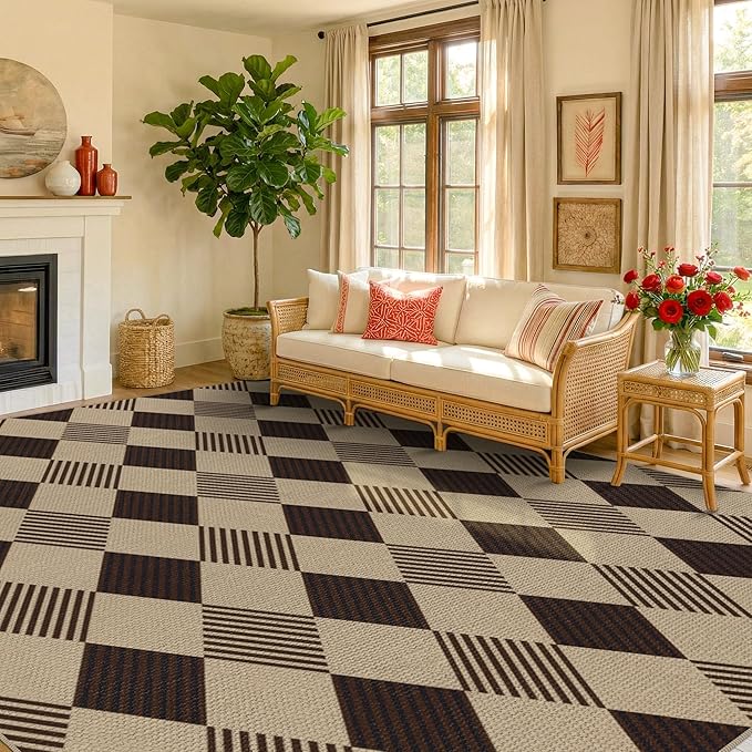 JTJ Easy Jute Diamond 8x10 Area Rug for Living Room - Checkered Plaid Rug for Patio, Bedroom, Home Office, Woven Low Pile Washable Beige Black Geometric Front Porch Décor