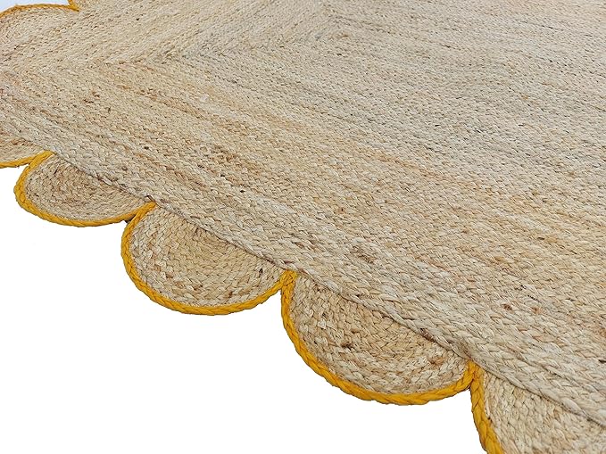 Scalloped Natural Jute Area Rug, Yellow Trim, 2'x12'