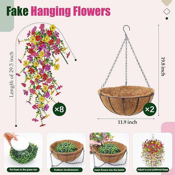 Der Rose 2Pcs Artificial Hanging Flower Basket for Outdoors Fake Hanging Flowers Plants with 4 Faux Silk Trailing Vines for Porch Patio Balcony Spring Decor