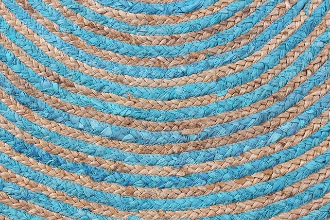 Circle Area Rug - 3 Ft' Round Blue Natural Chindi Cotton Jute Mat Geometric Kilim Rug Indoor Outdoor Use Flatweave Rugs for Bedroom Bedside Round Dining Table Mat Hall & Kitchen